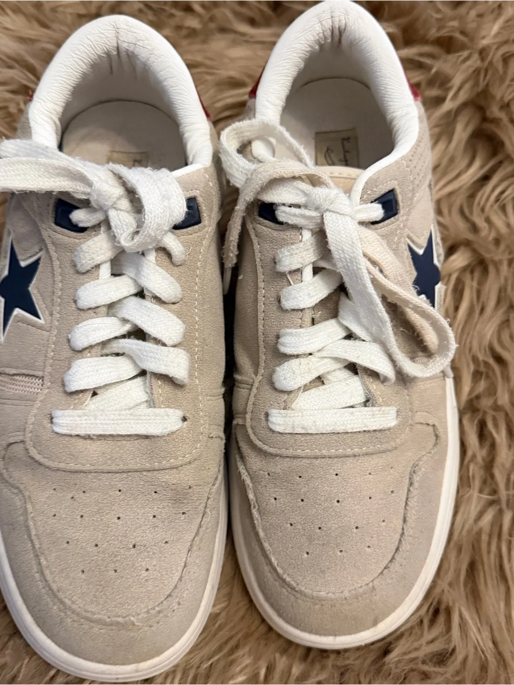 Vintage Havana Beige Suede Sneakers with Navy Star and Red Heel Tab, women’s 7.5